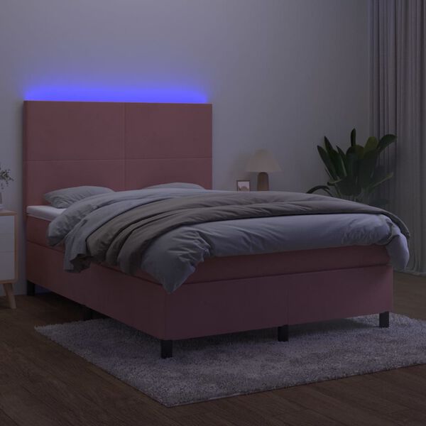 vidaXL Box spring postelja z vzmetnico LED roza 140x190 cm žamet