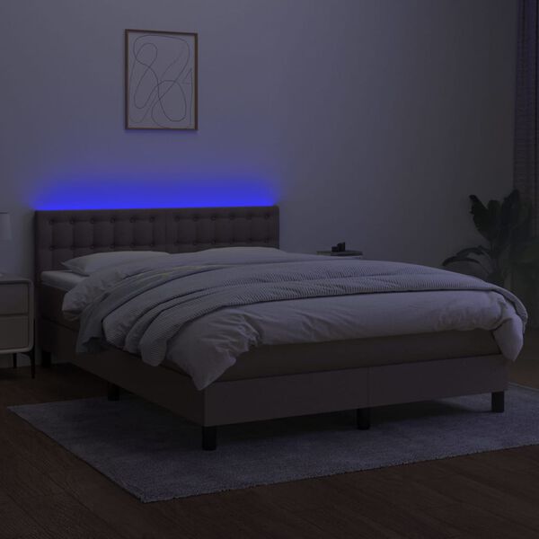 vidaXL Box spring postelja z vzmetnico LED taupe 140x190 cm blago