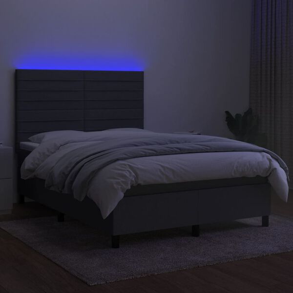 vidaXL Box spring postelja z vzmetnico LED temno siva 140x200 cm blago