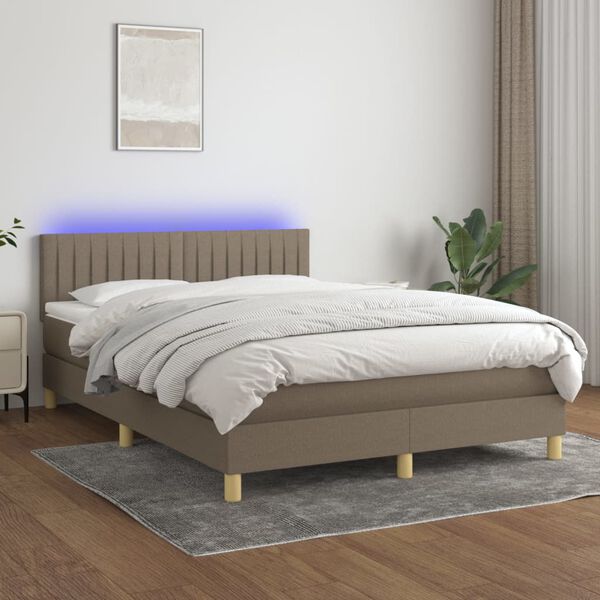 vidaXL Box spring postelja z vzmetnico LED taupe 140x200 cm blago