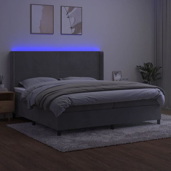 vidaXL Box spring postelja z vzmetnico LED svetlo siva 200x200cm žamet