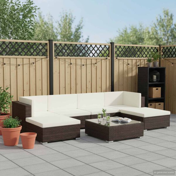 vidaXL Vrtna sedežna garnitura z blazinami 7-delna poli ratan rjava