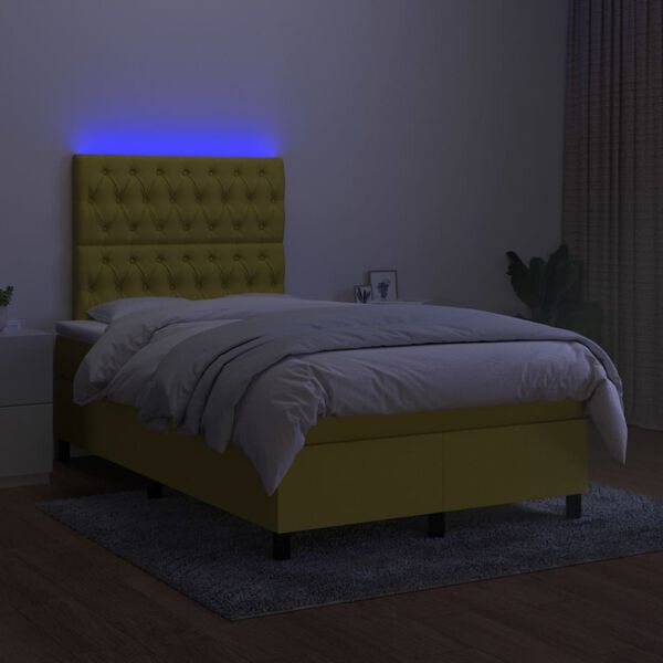 vidaXL Box spring postelja z vzmetnico LED zelena 120x200 cm blago