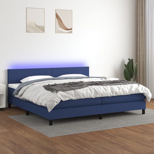 vidaXL Box spring postelja z vzmetnico LED modra 200x200 cm blago