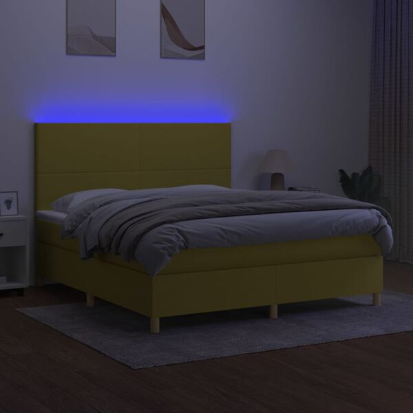 vidaXL Box spring postelja z vzmetnico LED zelena 160x200 cm blago