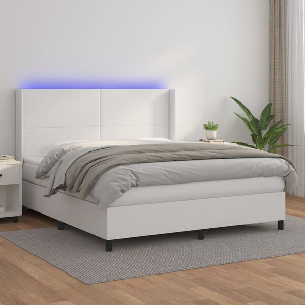 vidaXL Box spring postelja z vzmetnico LED bela 160x200cm umetno usnje
