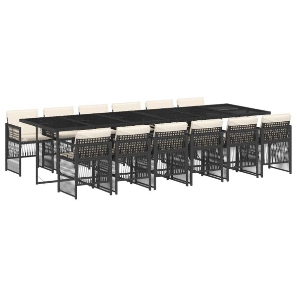 vidaXL Vrtna jedilna garnitura 13-delna z blazinami črn poli ratan