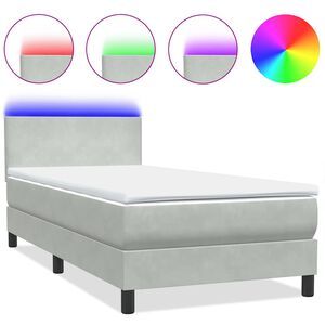vidaXL Box spring postelja z vzmetnico LED svetlo siv 90x220 cm žamet