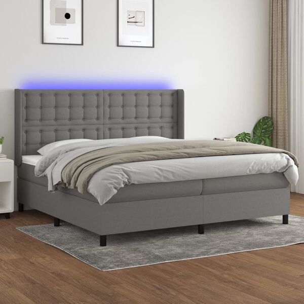 vidaXL Box spring postelja z vzmetnico LED temno siva 200x200 cm blago