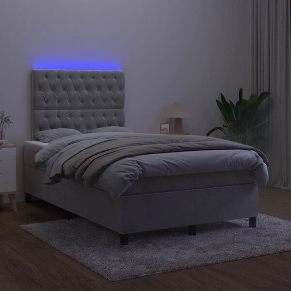 vidaXL Box spring postelja z vzmetnico LED sv. siva 120x190 cm žamet