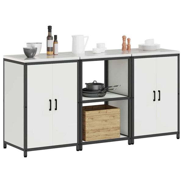 vidaXL Kuhinjski set za shranjevanje z vrati 3 pcs Bela Mlinjeni jeklo