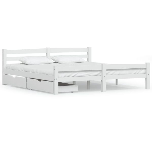 vidaXL Posteljni okvir z 2 predaloma bela trdna borovina 180x200 cm