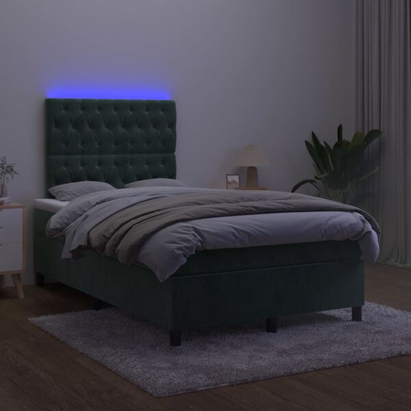 vidaXL Box spring postelja z vzmetnico LED tem. zelena 120x200cm žamet