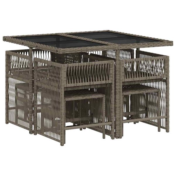 vidaXL Vrtna jedilna garnitura 9-delna z blazinami siv poli ratan