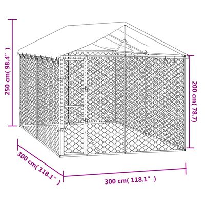vidaXL Zunanja pasja ograda s streho srebrna 3x3x2,5 m pocinkano jeklo