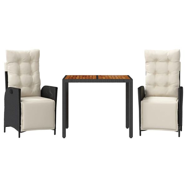 vidaXL Vrtna jedilna garnitura 3-delna z blazinami črn poli ratan