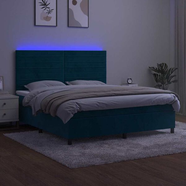 vidaXL Box spring postelja z vzmetnico LED temno modra 180x200cm žamet