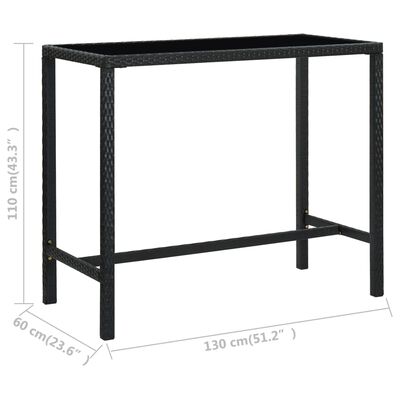 vidaXL Vrtna barska miza črna 130x60x110 cm poli ratan in steklo