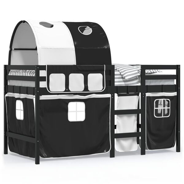 vidaXL Otroški pograd s tunelom bel in črn 90x200 cm trdna borovina