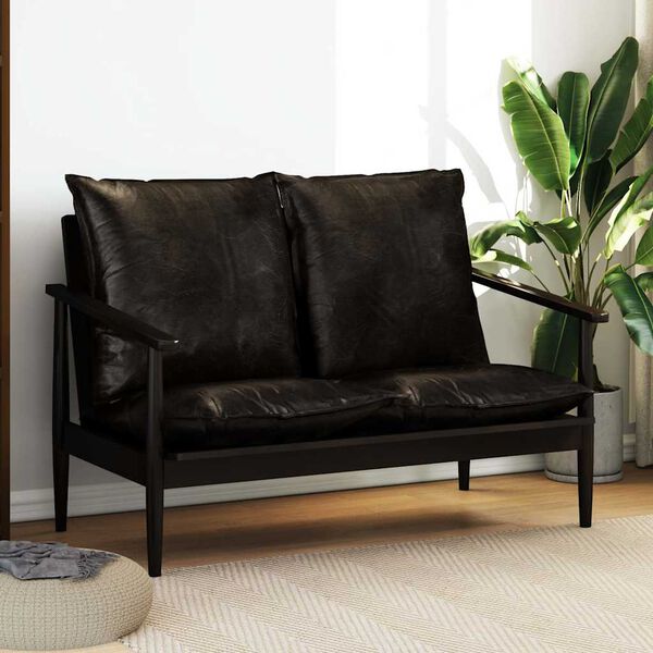 vidaXL Kavč dvosed iz pravega usnja in akacijevega lesa črne barve