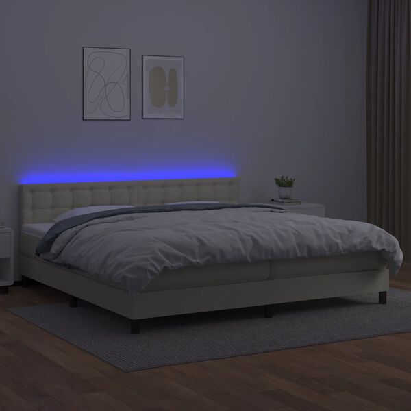 vidaXL Box spring postelja z vzmetnico LED krem 200x200cm umetno usnje