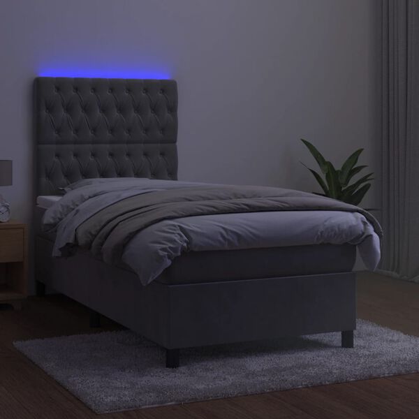 vidaXL Box spring postelja z vzmetnico LED svetlo siva 90x190cm žamet