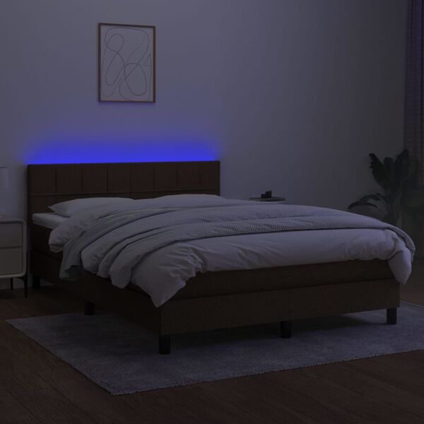 vidaXL Box spring postelja z vzmetnico LED temno rjava 140x190cm blago