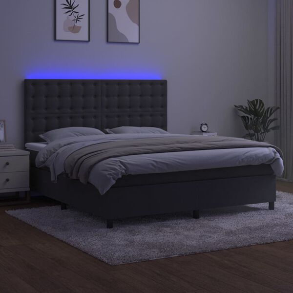 vidaXL Box spring postelja z vzmetnico LED temno siva 160x200 cm žamet
