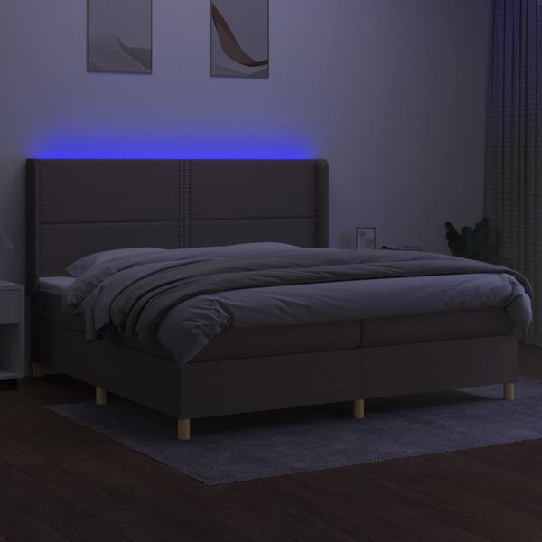 vidaXL Box spring postelja z vzmetnico LED taupe 200x200 cm blago