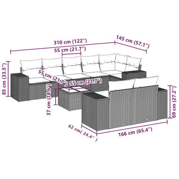 vidaXL Vrtna sedežna garnitura 9-delna z blazinami sv. siv poli ratan