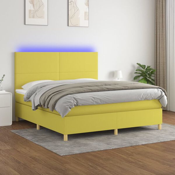 vidaXL Box spring postelja z vzmetnico LED zelena 160x200 cm blago