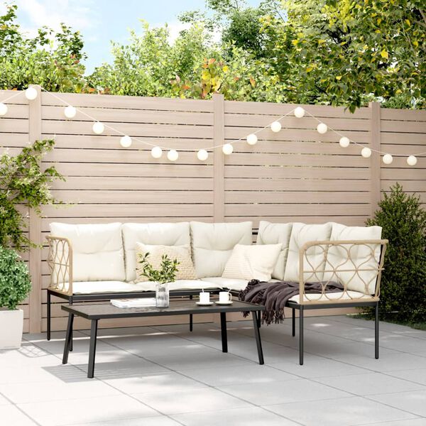 vidaXL Vrtni kavč z blazinami oblika črke L črno jeklo in tekstilen