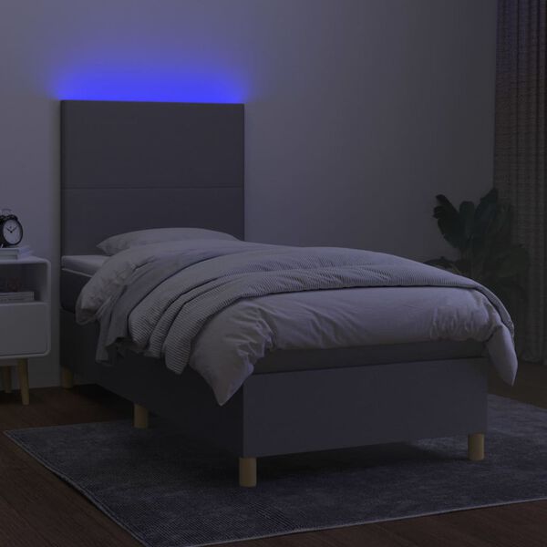 vidaXL Box spring postelja z vzmetnico LED svetlo siva 90x200 cm blago