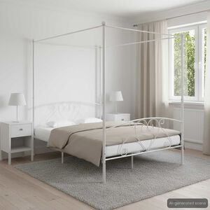 vidaXL Posteljni okvir z ogrodjem za baldahin bel kovinski 140x200 cm