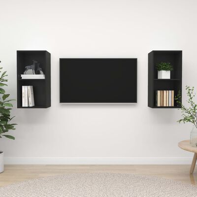 vidaXL Stenska TV omarica 2 kosa črne barve iverna plošča