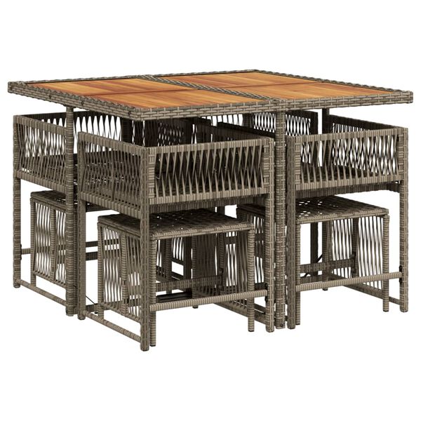 vidaXL Vrtna jedilna garnitura 9-delna z blazinami siv poli ratan