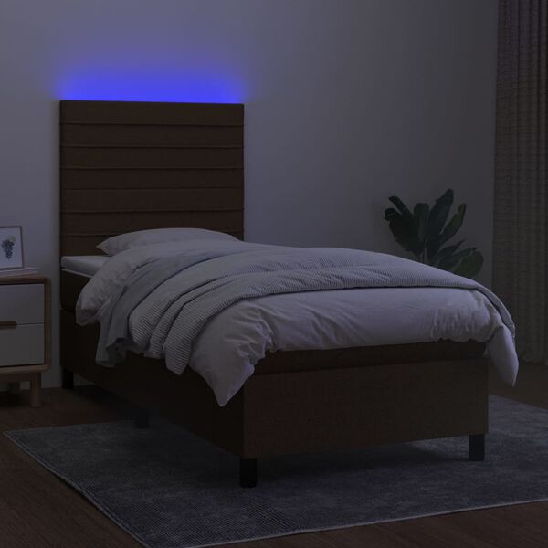 vidaXL Box spring postelja z vzmetnico LED temno rjava 80x200 cm blago