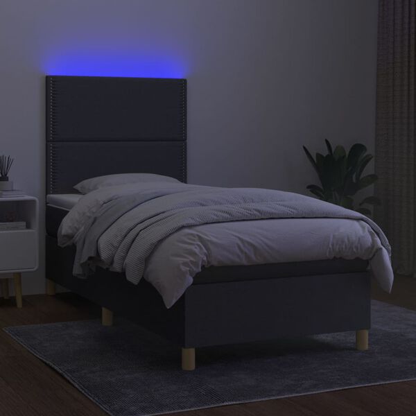 vidaXL Box spring postelja z vzmetnico LED temno siva 90x190 cm blago