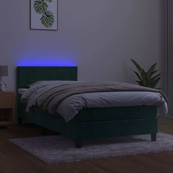 vidaXL Box spring postelja z vzmetnico LED tem. zelena 90x200 cm žamet