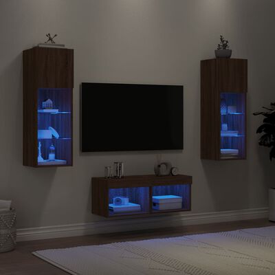 vidaXL Stenske TV omarice z LED lučkami 4 kosi rjavi hrast