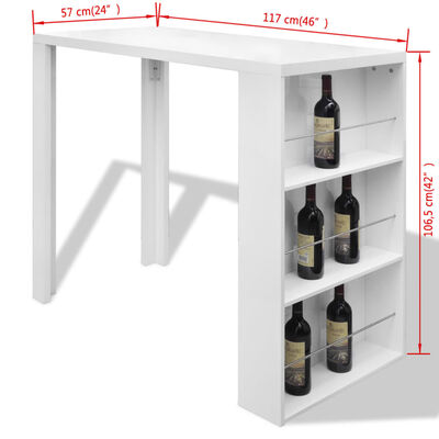 vidaXL Barska miza MDF s stojalom za vino visok sijaj bela