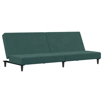 vidaXL Kavč dvosed z ležiščem in stolčkom za noge temno zelen žamet