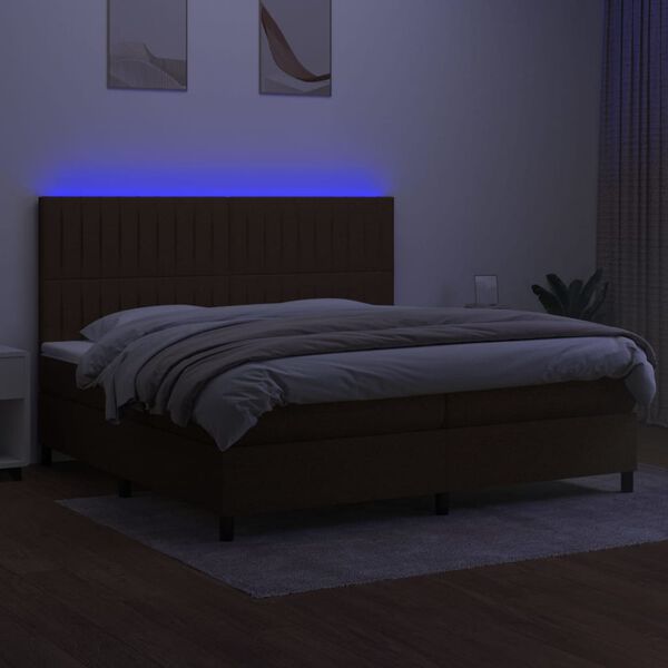 vidaXL Box spring postelja z vzmetnico LED temno rjava 200x200cm blago