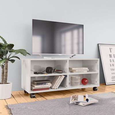 vidaXL TV omarica s kolesci visok sijaj bela 90x35x35 cm iverna plošča
