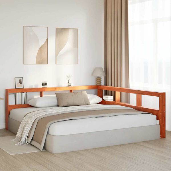 vidaXL Knjižnica vzglavje L-oblike vo&scaron;čeno rjava 200 cm trdna borovina