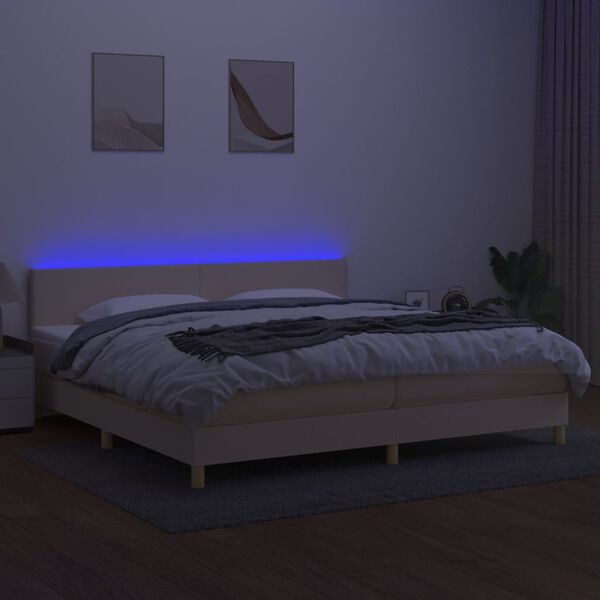 vidaXL Box spring postelja z vzmetnico LED krem 200x200 cm blago