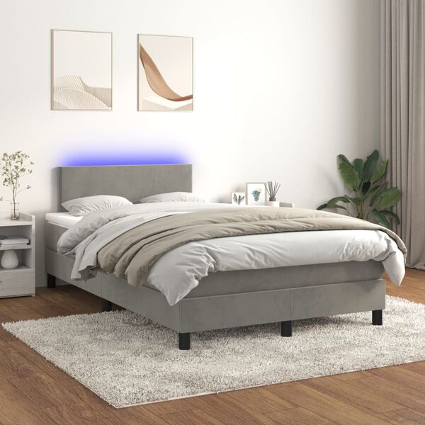 vidaXL Box spring postelja z vzmetnico LED svetlo siva 120x200cm žamet