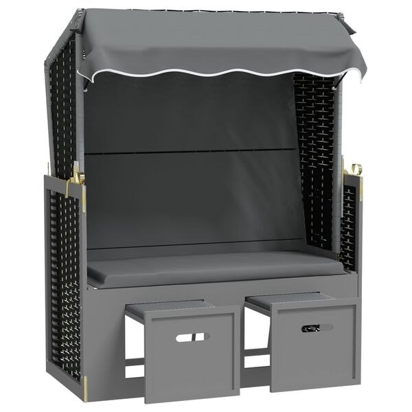 vidaXL Stol za na plažo s streho poli ratan in trden les antracit/črn