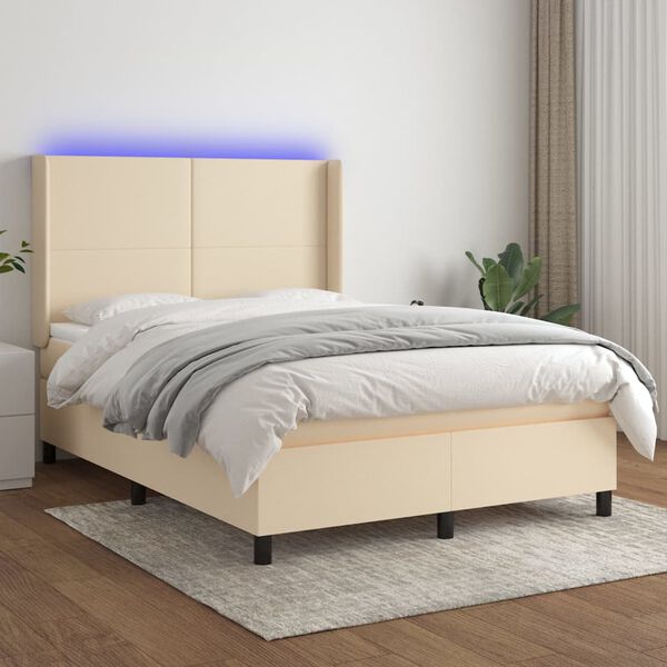 vidaXL Box spring postelja z vzmetnico LED krem 140x190 cm blago
