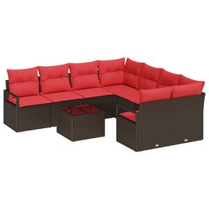 vidaXL Kavčna garnitura z blazino 9 pcs Rjava in rdeča poli ratan
